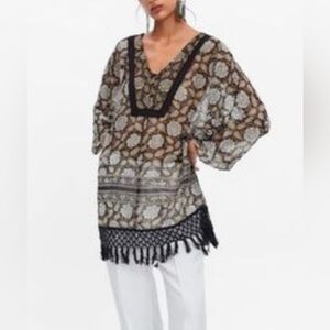 Zara Printed Caftan Metallic Thread Oversized Fringe Boho Tunic Top sz M/L